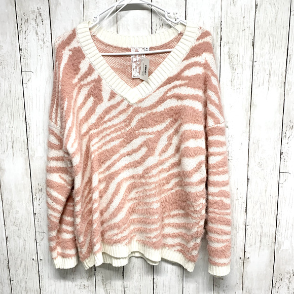 Sadie and Sage Medium One Reason Womens Zebra Print Sweater Pink Ivory V-Neck - Picture 1 of 4